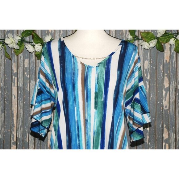 Cato Est. 1946 Ladies Blue Blouse Top Size S Beaded Faux Necklace Bell SS V-Neck - Picture 2 of 10